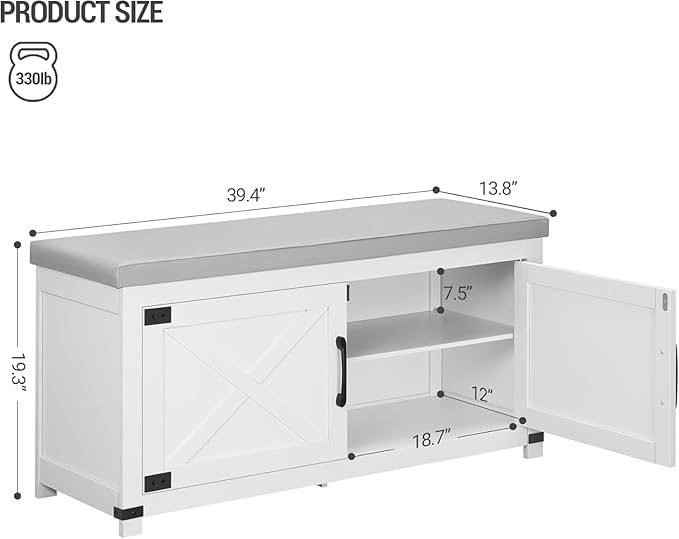 Shoe Storage Bench, 2 Tier Shoe Bench with Padded Seat Cushion & 2 Barn Doors, Entryway Bench with Adjustable Shelf, Farmhouse Shoe Cabinet for Living Room, Bedroom, White SB26603GY