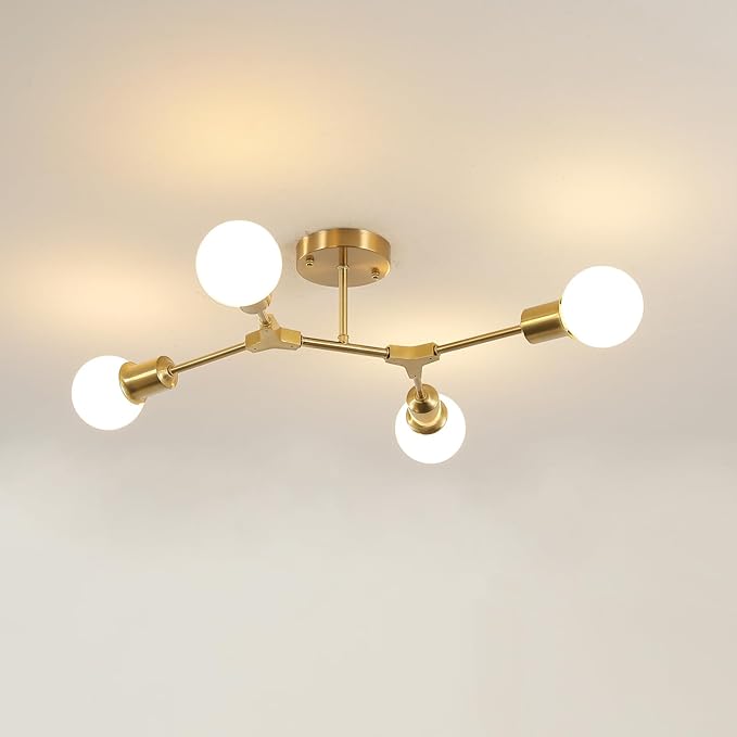 Modern Semi Flush Mount Ceiling Light,Mid Century 4 Light Lighting Fixture for Dining Room Bedroom Kitchen Foyer Entryway Hallway,Metal Gold Sputnik Chandelier