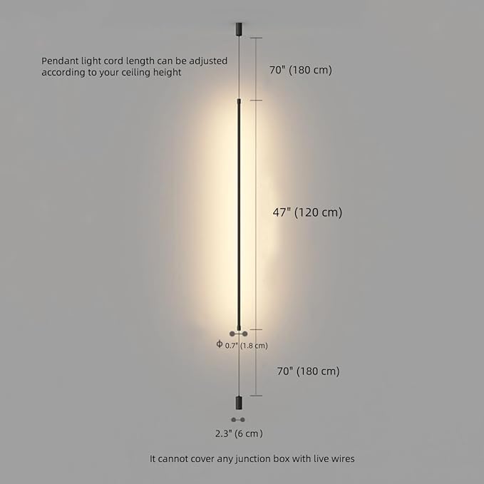 Modern Minimalist Bedside Pendant Light Black Linear Floor to Ceiling Lamp Long Strip LED Hanging Lamp for Bedroom Living Room Corner - Hardwired