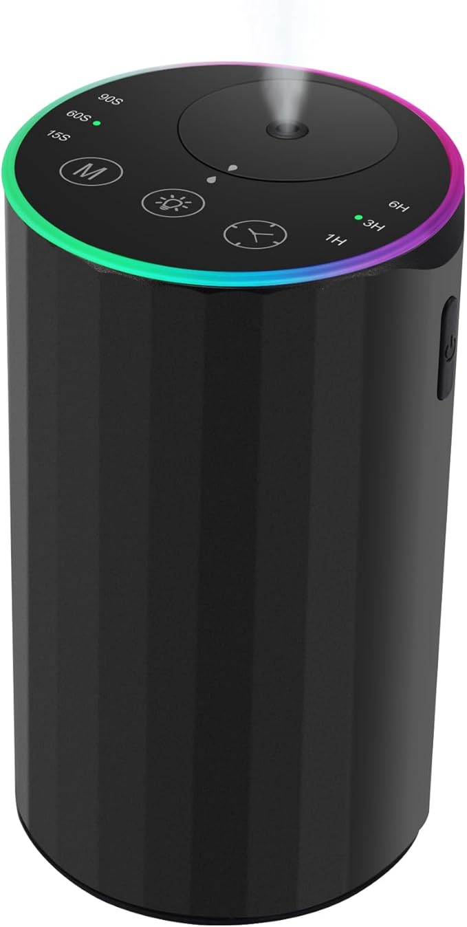 Waterless Essential Oil Diffuser, 7 Colors LED Light, Battery Powered Mini Scent Air Machine, Aromatherapy Mist Diffuser for Home Room Car Office，Black Aluminum Alloy (Black)