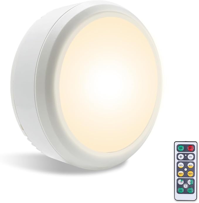 LEASTYLE Puck Lights with Remote, Battery Operated Under Cabinet Lighting with Dimmable Timer, 3000K Stick-On Closet Light Under Counter Lights for Kitchen,White (1 Pack)