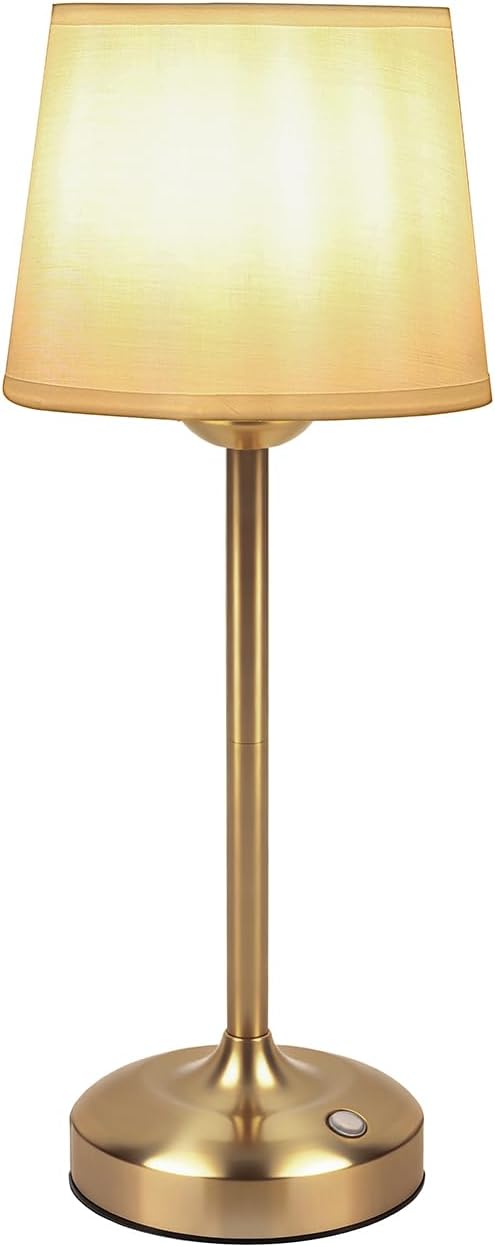 Cordless Table Lamp Gold with Dimmer, 4000mAH Battery Operated Lamp Rechargeable, 3 Color Temperature Touch Control Fabric Desk Light for Dining Room, Bedroom, Bar, Patio, Counter, Restaurant