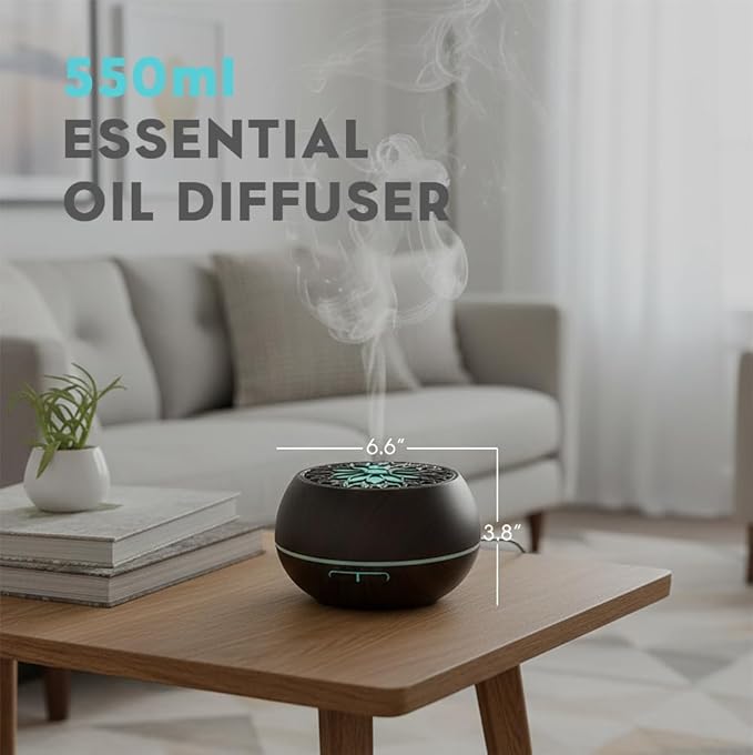 Essential Oils Diffuser Set for Home,Large Capacity 550ml Diffuser with Remote Control for Large Room,Mini Humidifier with LED Night Lights for Office Room Decor Gift for Women Men(Dark Wood Grain)