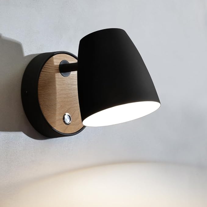 Hardwired Wall Sconce with Switch,Modern Black and Wood Wall Lights for Bedroom with 350°Rotation Metal Shade,Indoor E26 Wall Lamp for Living Room,Dining Room,Hallway,Stairway,Wall Decor