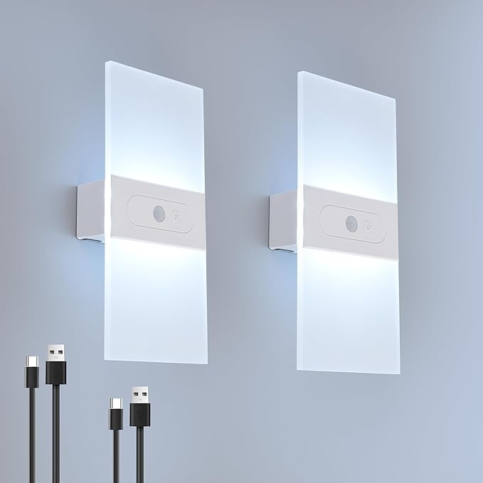 LED Dimmable Wall Sconces 2Pack,2200Mah Battery Operated Motion Sensor Magnetic Modern Wireless Wall Lamp with Button Switch Cold White for Bedroom Living Room Hallway