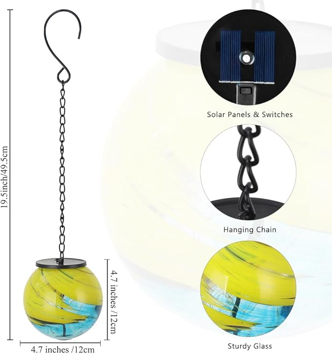 Solar Hanging Lanterns Outdoor, Solar Waterproof Gazing Ball Lights, Hanging Glass Globe Light for Garden Yard Tree Home Xmas Decoration