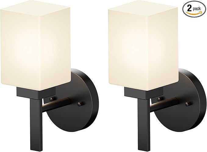 Wall Lights Matte Black Bathroom Vanity Light Fixtures Over Mirror with White Frosted Glass Shade, Wall Lamps for Porch Entrance, 2 Pack T002MB-L1-P2