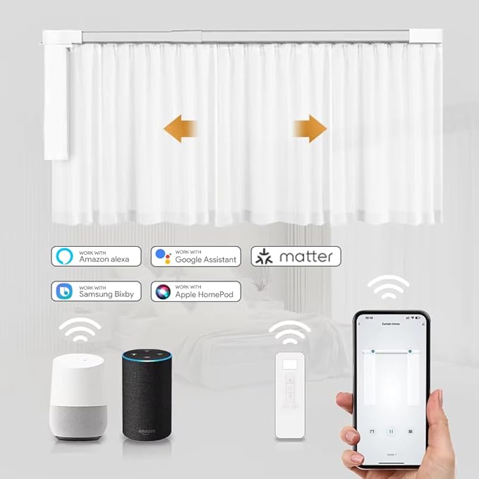 Matter over WiFi Smart Curtain Motor with Retractable Track, 2.5N.m High Torque Automatic Drapery Opener, Compatible with HomeKit, Alexa, Google Home (1.8-3 meters (70.8-118.1 inches) Adjustable)