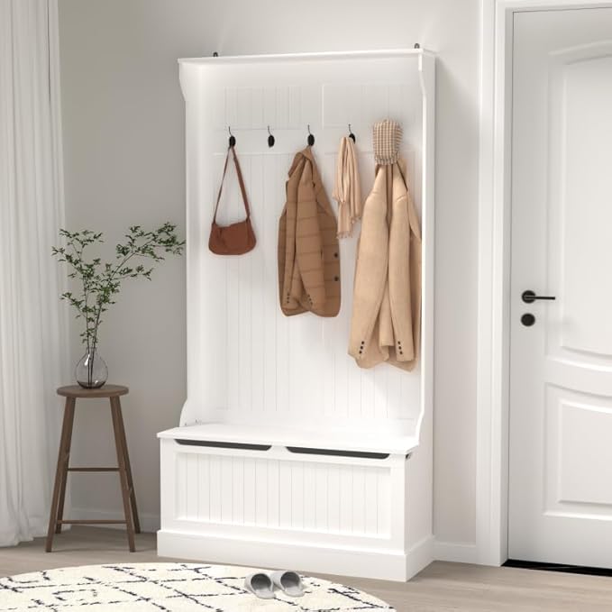 Hall Tree with Bench and Shoe Storage, Entryway Organizer with 5 Hooks, Cushioned Mudroom Storage Benchs with Coat Rack for Hallway and Living Room, White