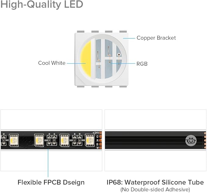 BTF-LIGHTING IP68 Waterproof Outdoor RGBW LED Strip 5050SMD RGB+Cool White(6000K-7000K) 4 Colors in 1 DC24V 5m 16.4ft 60LED/m Multi-Colored Tape Lights for Kitchen Decoration(No Adapter or Controller)