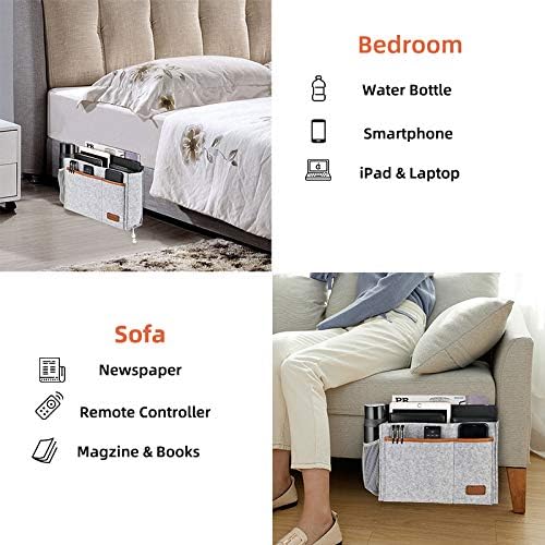 Bedside Caddy, Felt Bed Storage Organizer Hanging Bag Holder with 5 Pockets, Magazine Book Phone Tablet iPad Cables Remote and Water Bottle Holder for Home Dorm Bed Sofa, Light Gray