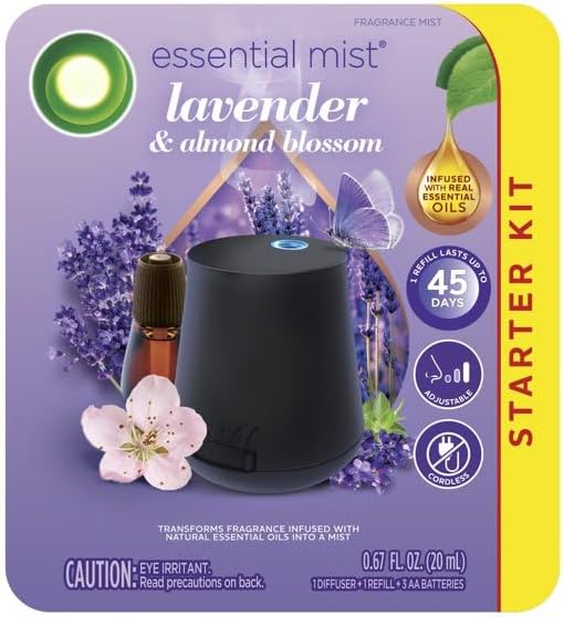 A'ir Essential Mist Diffuser with Natural Essential Oils A'ir Freshener, Cordless, Portable, Automatic 8-Hour Cycle, Lavender, Almond Blossom, 45-Day Refill