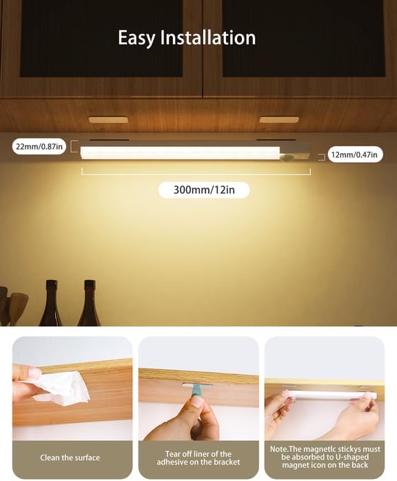 Under Cabinet Lighting 12 Inches Rechargeable Motion Sensor Light Indoor, 3 Color Dimmable Closet Light Battery Operated, USB Stick on LED Magnetic Under Counter Lights for Kitchen Stair, 6Packs