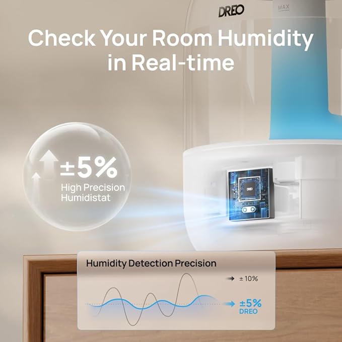 DREO Humidifiers for Bedroom, 3L Top Fill 30H & 26dB Quiet Runtime for Large Room, Cool Mist Ultrasonic Humidifier with Humidity Sensor, Night Light for Home, Baby, Nursery, Plants, New Edition