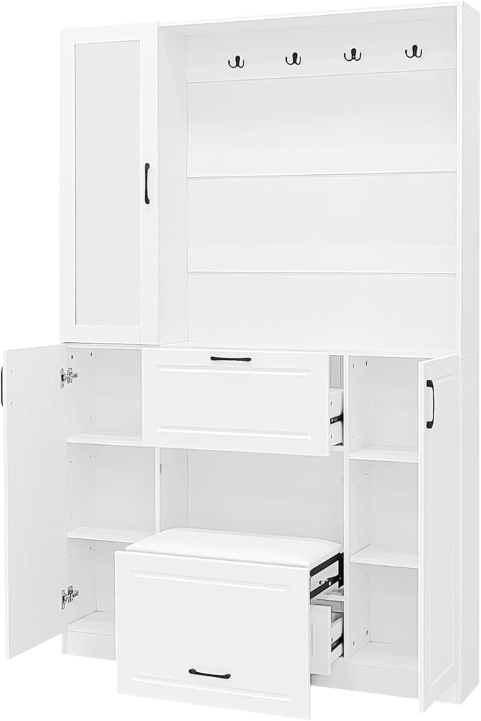 Merax Hall Tree with Foldable Bench and Shoe Storage, Entryway Coat Rack with Mirrored Cabinet Door, Hooks, Drawer, and Cabinets, Modern Hall Trees for Hallway, Living Room,White