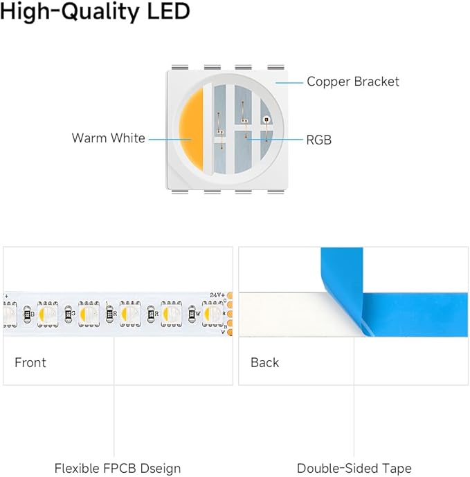 BTF-LIGHTING 5050 RGBW RGB+Warm White(2700K-3000K) 4 Colors in 1 LED 5m 16.4ft 96LED/m DC24V Multi-Colored LED Tape Lights IP30 Non-Waterproof White PCB for Home Decoration(No Adapter or Controller)