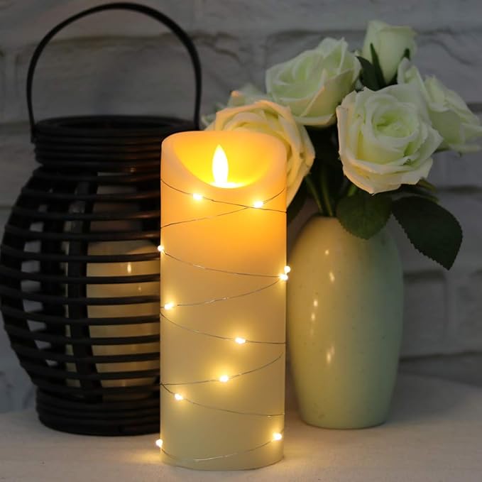 DRomance Large Flameless Pillar Candle String Light with 10-Key Remote and Timer, 2 C Batteries Operated Moving Wick Dancing Flame Real Wax LED Pillar Candle Holiday Season Decor(3 x 8 Inch)