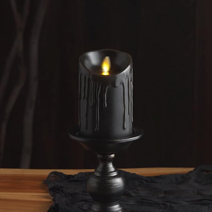 Luminara Wax Drip Flameless LED Candle, Black 3" x 4.5", Timer Function, Real Wax Pillar, Battery Operated Unscented Safe, Long-Lasting