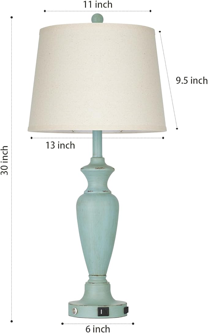 30" Tall Metal Table Lamps Set of 2, Touch Control Bedside Lamps for Bedroom Nightstand, 3-Way Dimmable Farmhouse Lamp for Living Room with Charging Ports, Retro Blue (2 LED Bulbs Included)