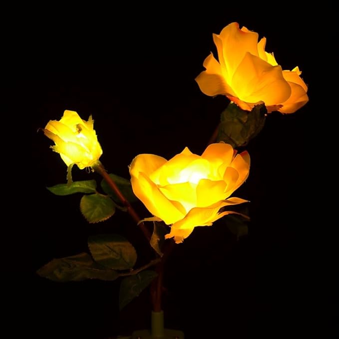 Solaration 1039-Y Waterproof 3 Rose Solar Powered LED Garden Lights, Solar Path Lights for Patio Deck Driveway Christmas Party, Yellow