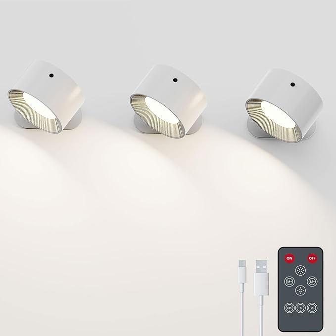 3PACK Romote LED Wall Sconce - Rechargeable Wall Light, 3 Colors & 3 Brightness Levels, 360° Magnetic Rotating Head, Bedside Reading Lamp, Easy Install Battery Operated Lamp White
