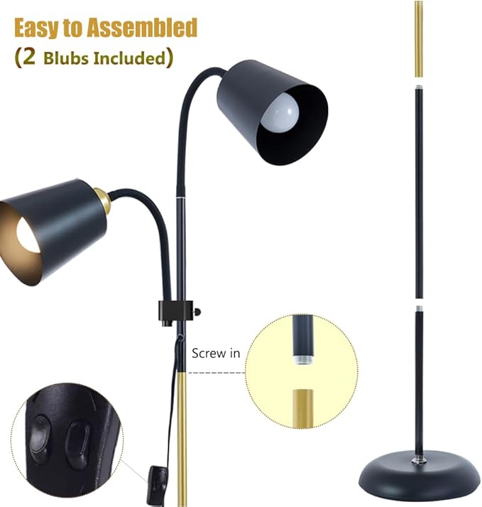 AoMck Floor Reading Lamp, Industrial Metal Floor Lamps for Living Room with Adjustable Bendable, 2 in 1 Reading Table Lamps for Living Room Bedroom Office, 12W Bulb Included (Black-2 Heads)