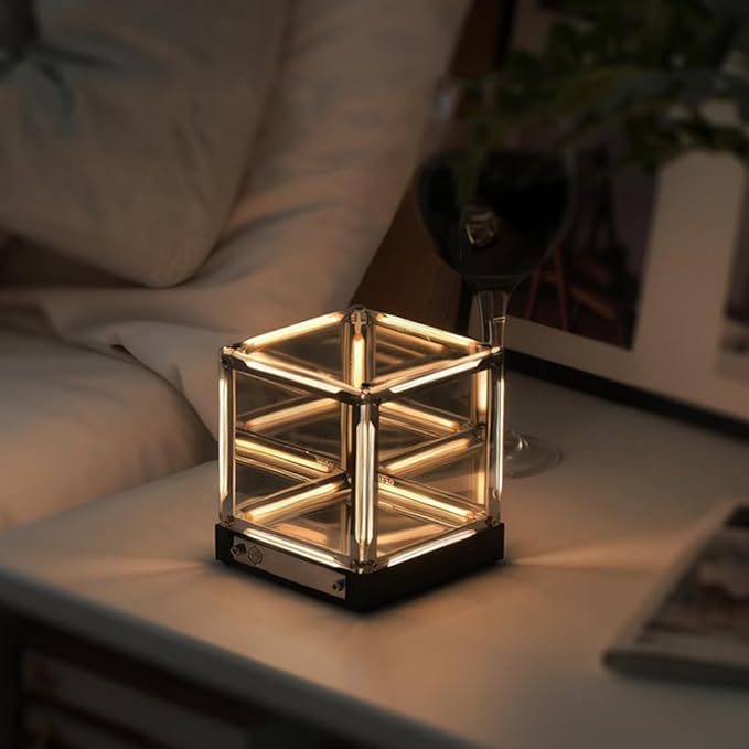 4D Mirror Cube Lamp, Touch Control Bedside Lamp with Dimmable LED, Rechargeable USB-C Night Light for Bedroom, Desk, Gaming Setup (2000mAh) (Gold)