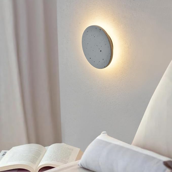 DUHU Led Wall Sconce Round,Grey Cement Wall Lamp Hardwired,Minimalist Wall Mount Light with Sleek Finish Design,Modern Indoor Sconces Lighting for Bedroom,Living Room,Hallway,12w 3000k,Warm White