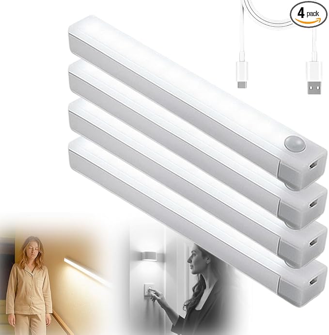 Punch-Free Smart Sensor Magnetic Rechargeable LED Lights, 2026 Upgraded Lntelligent Motion Sensor Light Strip, 3 Colors-Dimmable, Under Cabinet Lighting Wireless (4, White Light, 10cm/3.9in)