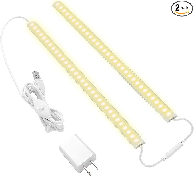 JUSJUBR Under Cabinet Lighting, 2pcs 12" 3000K Dimmable LED Closet Light, USB Plug, Memory Function, Linkable Cabinet Light Bar for Kitchen, Plug-in Workbench Light, Super Slim LED Light Bar for Room