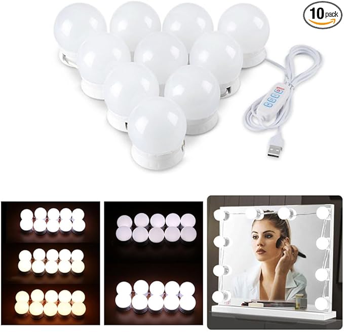 LED Vanity Lights for Mirror, Hollywood Style Vanity Lights with 10 Dimmable Bulbs, Adjustable Color & Brightness, USB Cable, Mirror Lights Stick on for Makeup Table Dressing Room