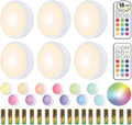 HELPLEX LED Puck Lights with Remote, 6 Pack Color Changing RGBW, Battery Powered Under Cabinet Lighting, Dimmable with Timer & Memory, Stick-On Wireless Light with 18 AA Batteries Included