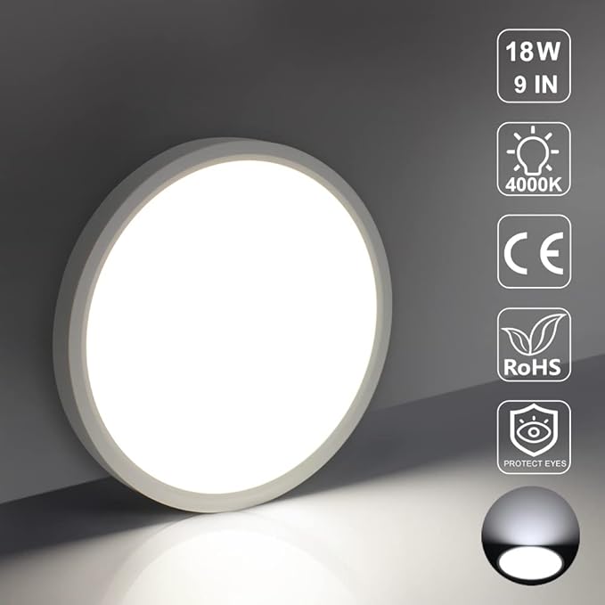 LightingWill 8.9 Inch LED Flush Mount Ceiling Light Fixture, 5000K Daylight White,1800LM, 18W, Flat Modern Round Lighting Fixture, 180W Equivalent White Ceiling Lamp for Kitchens, Bedrooms.etc.