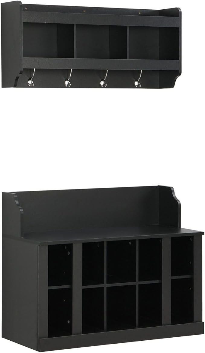 Contemporary Shoe Storage Bench with Wall Mounted Coat Rack, Elegant Hall Tree for Entryway, Mudroom, Black