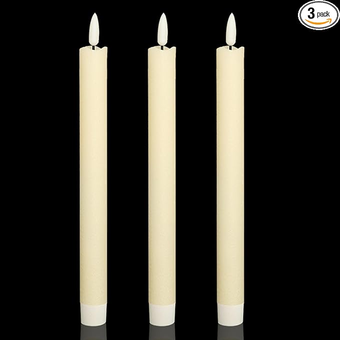 Wondise Ivory Flameless Taper Candles with Timer, 3 Pack Battery Operated LED Flickering 3D Flame Real Wax Candle for Christmas Thanksgiving Fireplace Decorations Halloween