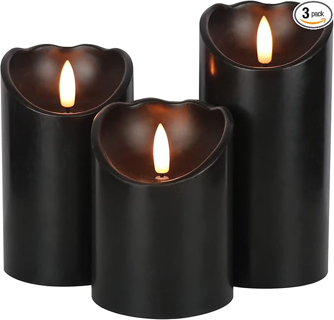 Eldnacele Black Flameless Flickering Candles with 6H Timer, 3D Wick Realistic Battery Operated Real Wax LED Pillar Candles Set of 3 Home Wedding Party Halloween Decoration(D3” x H4”5”6”)