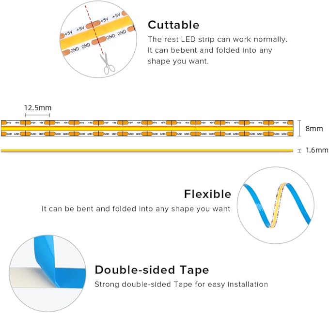 BTF-LIGHTING FCOB COB FOB LED Strip Lights 5V USB Powered 6.56FT 640LEDs Warm White 3000K 8mm Width Dimmable CRI 90+ with 3M Tape Flexible High Density for 3D Printer TV Backlight PC DIY Decor