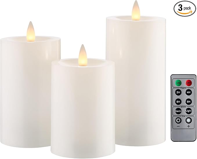 Flameless Pillar Candles Flickering with Remote Timer, Battery Operated LED Candles Up to 400 Hours, 3D Moving Flame Real Wax Candles. (White)