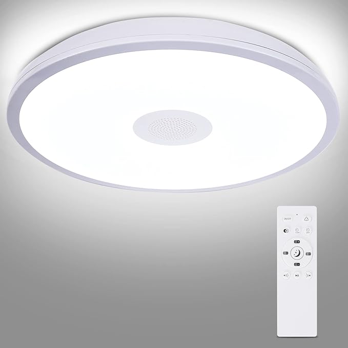HOREVO Bathroom Ceiling Light Fixture, Waterproof IP65 18W LED Music Ceiling Lamp with Remote Control with Bluetooth Speaker,FCC and UL1598 Certified for Kitchen, Laundry, Hallway. (Need Wired)