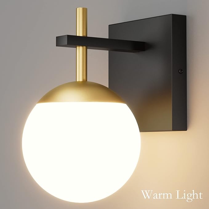 Ralbay Black Gold Wall Sconce, Mid Century Modern Wall Lighting Fixtures Milky Glass Indoor Wall Lamp for Home Decor Bathroom Kitchen Living Room Vanity Hallway, Black and Gold 1 Light