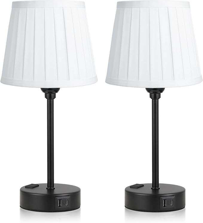 Acaxin White Bedside Lamps for bedrooms Set of 2 - White Pleated Lamp Shade with USB Charging Ports, Touch Lamps for Nighstand, Night Stand Lamp for Dorm/Office/Living Room/Class Room