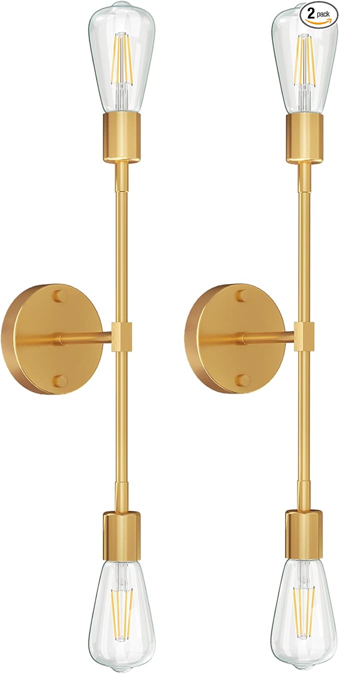 FadimiKoo 2-Light Golden Bathroom Wall Sconces Lighting, Modern Vanity Light Over Mirror, Brushed Brass Indoor Wall Mounted Lamp for Bathroom Hallway Bedside Kitchen (2 Pack)