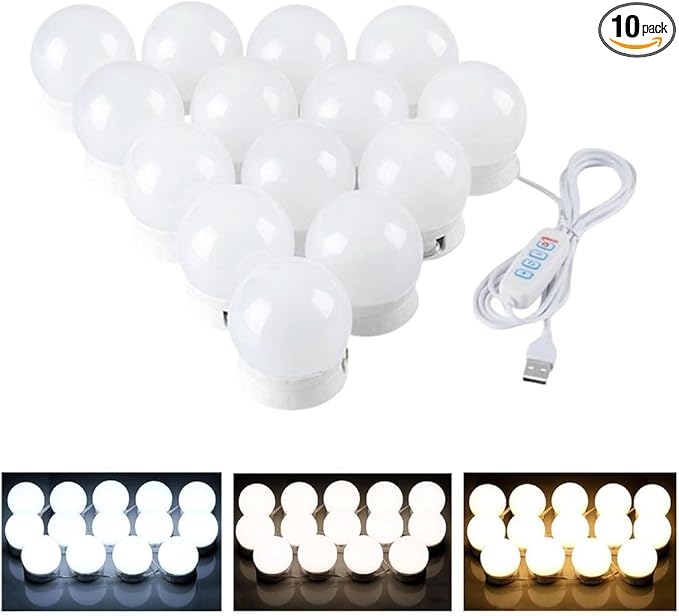 LED Vanity Lights for Mirror, Hollywood Style Vanity Lights with 10 Dimmable Bulbs, Adjustable Color & Brightness, USB Cable, Mirror Lights Stick on for Makeup Table Dressing Room (14 Lights)