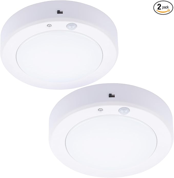 LIT-PaTH Battery Operated Motion Sensor LED Ceiling Light, 6.1inch 3000K 150 Lumens Flush Mount Light, Wireless Nightlight for Closet Laundry Stair- Darkness Use Only, 2-Pack (Battery Not Included)