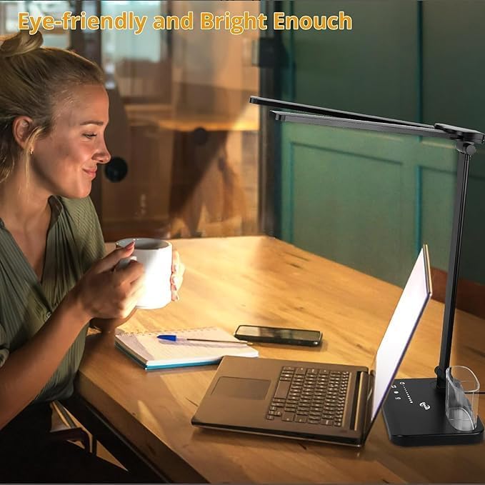 LED Desk Lamp with Dual Heads – 5 Colour Modes & 10 Brightness Levels, Adjustable Reading Light for Home Office, Bedroom, Study, and Craft (Black, Includes Adapter)