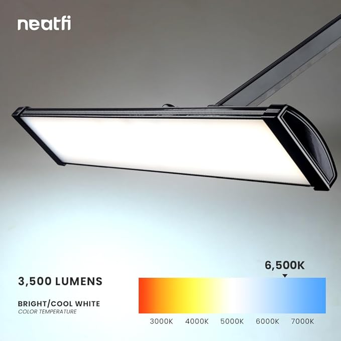 Neatfi Ultra 3,500 Lumens LED Desk Lamp – 45W, 26” Wide Metal Shade, 270 SMD LEDs, Shadow-Free | Adjustable Brightness | Non-Flickering Task Light for Nail, Craft & Office (Non-CCT with Clamp, Black)