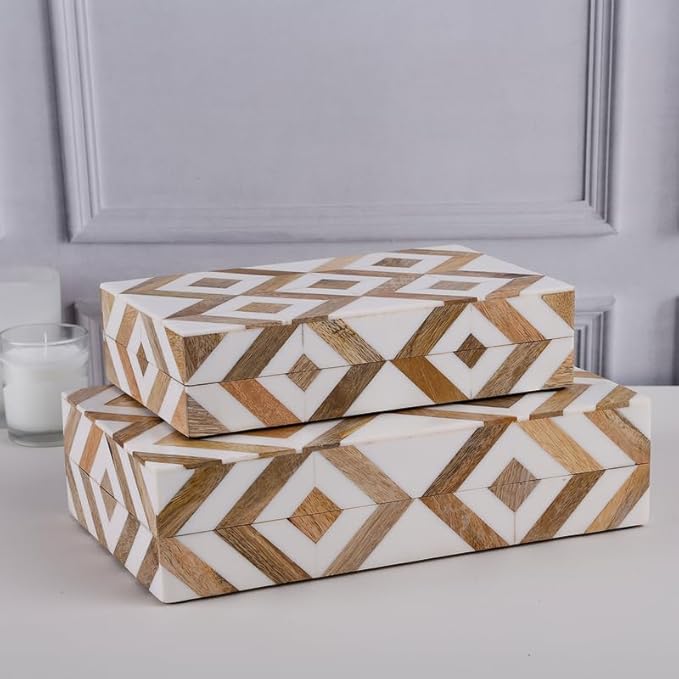 Handicrafts Home White Decorative Storage Box with Lid Wooden Desk Organizer Box Office Storage Box for Workspace Desk Decor Organizer – Resin Inlay Marquet Array Collection - 5x7x1.5