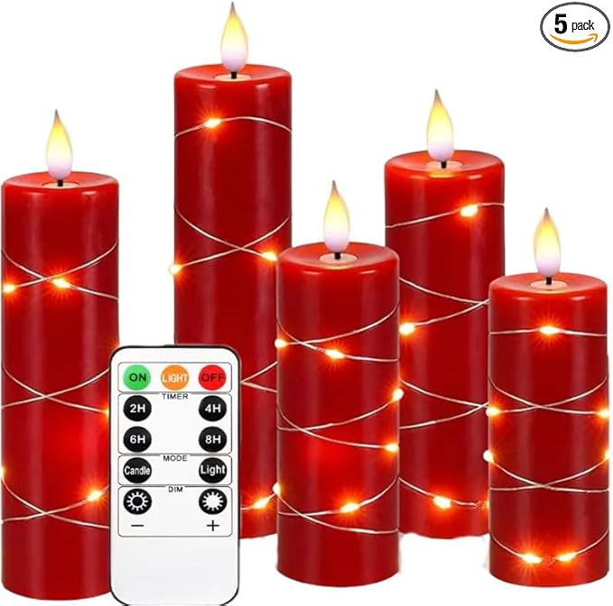 Upinmz Red Flameless Candle with Remote Control and Timer,Flickering Battery Operated Candles with String Lights,LED Pillar Candles,Set of 5