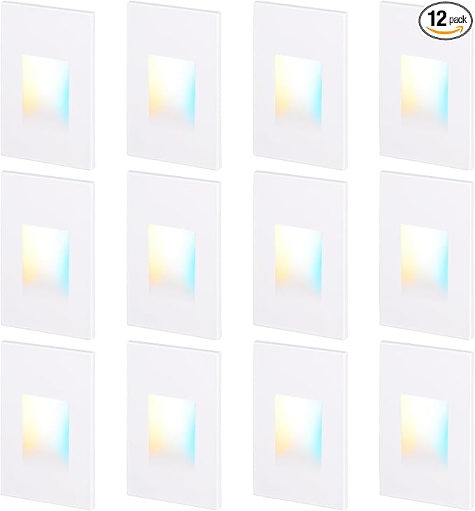 LEONLITE 12-Pack Premium Series 5CCT 120V LED Step Lights, Dimmable 3.5W Indoor Outdoor Stair Light, 2700K3000K3500K4000K5000K Selectable, CRI90, ETL, Vertical, IP65 Waterproof, Aluminum, White
