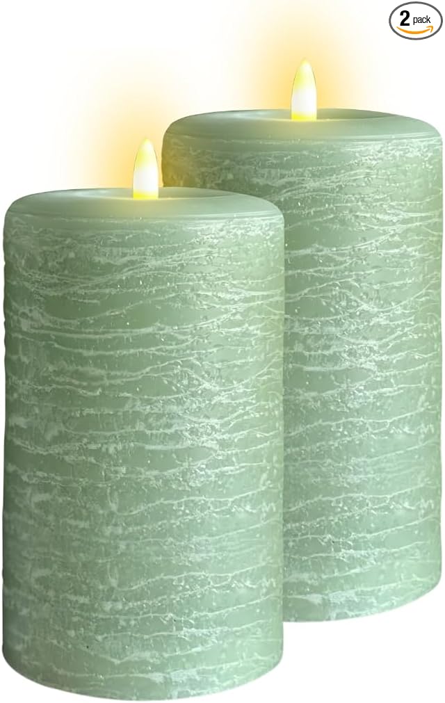 LumiPur Signature Natural Glow Flameless Wax Pillar 2 Pack LED Candle 3.5" x 7" Sage Green